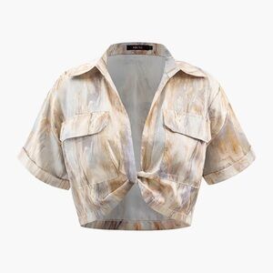 Micas Marble Print Twist Hem Crop Shirt L CC9-62